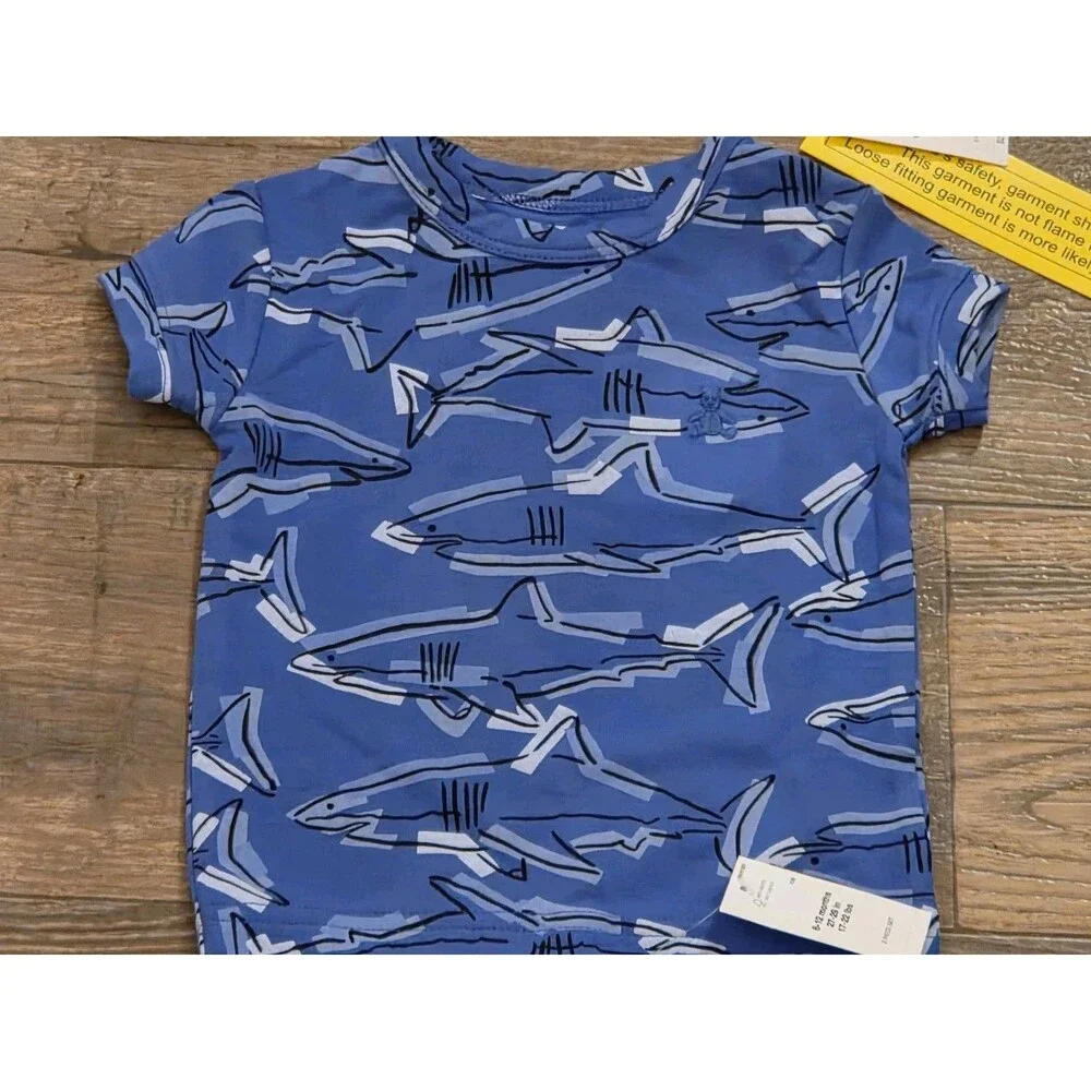 Baby Gap Shark PJ Short Set in blue with an allover shark print - 6 to 12 Mths